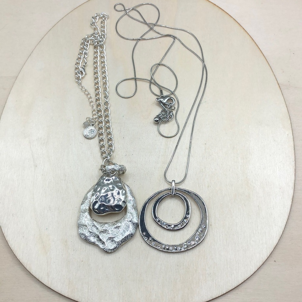 CURATED bundle silver tone chain necklaces geode shape pendants layered look.